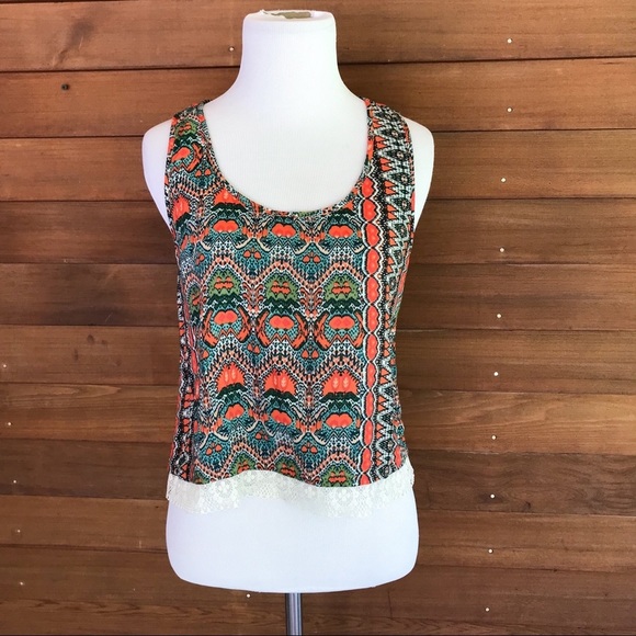 Loved Squared Tops - Aztec tribal and lace crochet crop top, M.